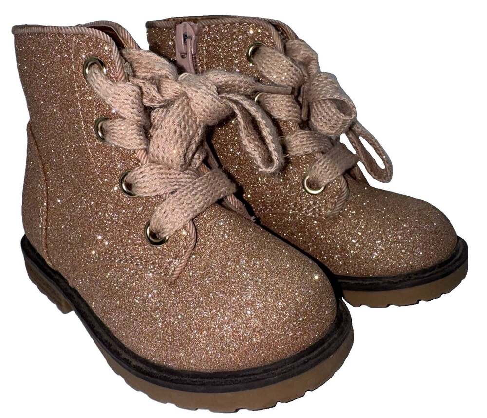 Cat & Jack Girls Size 6 Rose Gold Glitter Ankle Boots Lace Up Zip